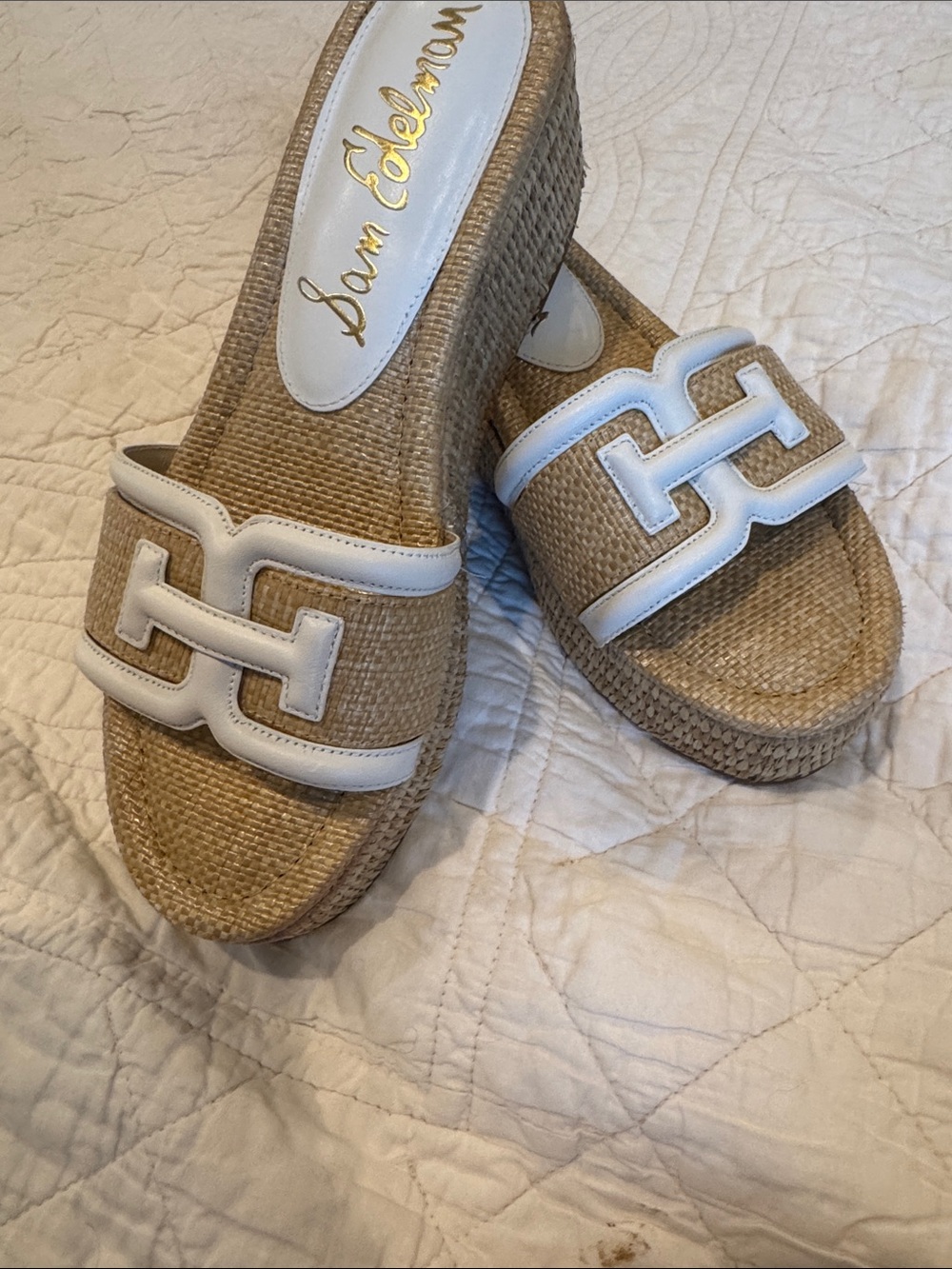 Sam Edelman Natural Raffia Slide Mules with White Trim - Picture 9 of 9